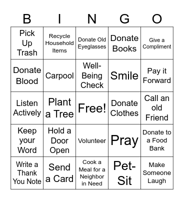 Acts of Kindness Bingo Card