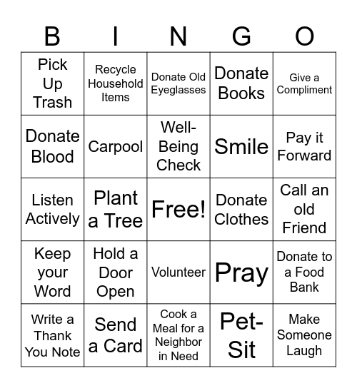 Acts of Kindness Bingo Card