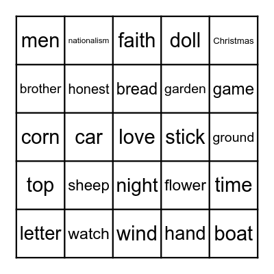 WORD BINGO GAME Bingo Card