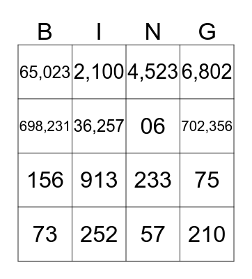 Place Value Bingo Card