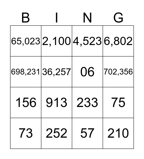 Place Value Bingo Card