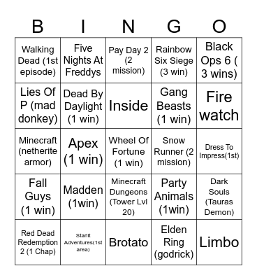 video game Bingo Card