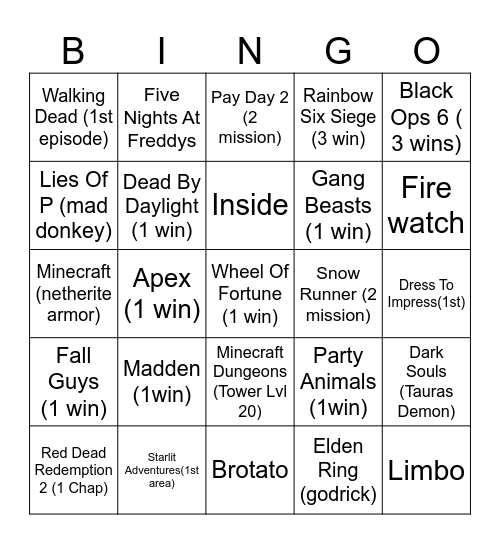 video game Bingo Card