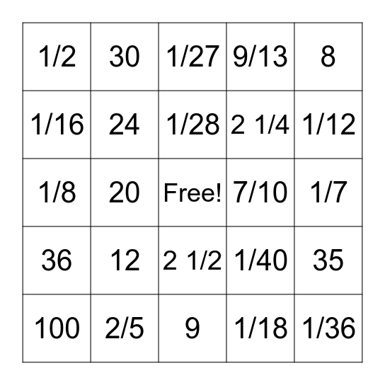 Fraction Division Bingo Card