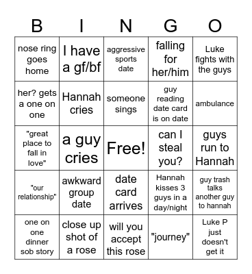 Hannah B Bachelorette night 6 Bingo Card