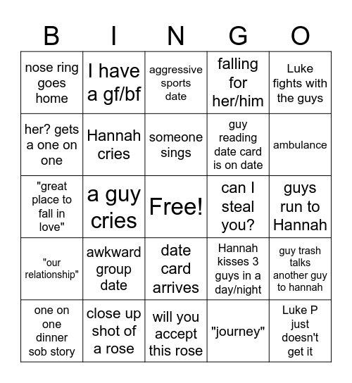 Hannah B Bachelorette night 6 Bingo Card