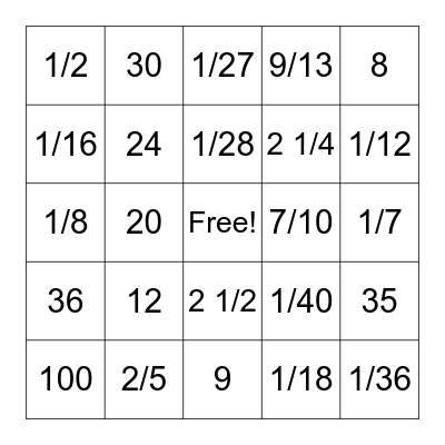 Fraction Division Bingo Card