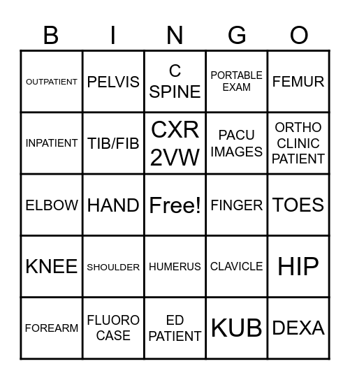 Radiologic Technologist Bingo Card