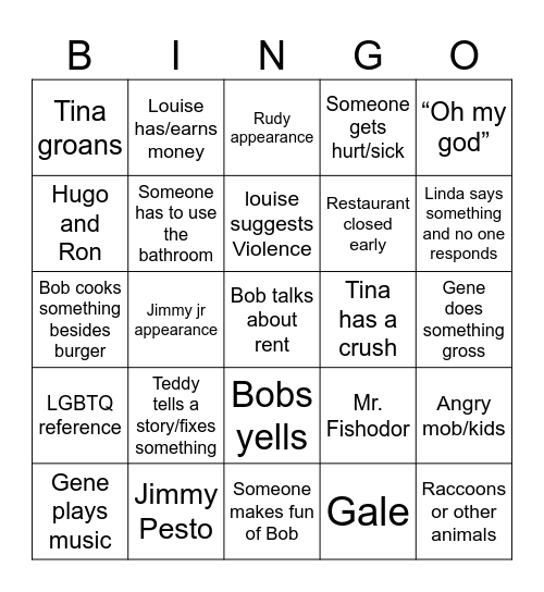 Bobs burgers Bingo Card