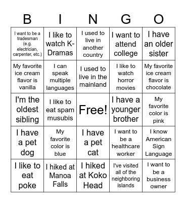 Getting to Know You BINGO Card