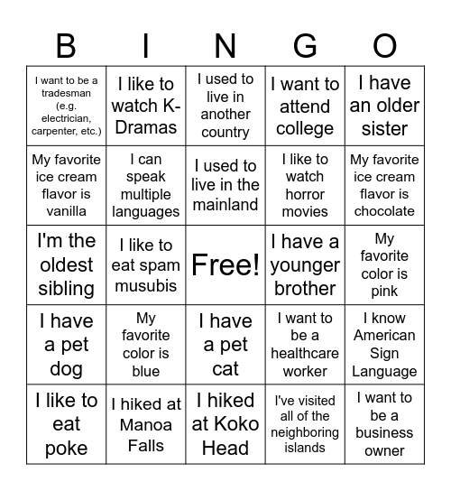 Getting to Know You BINGO Card