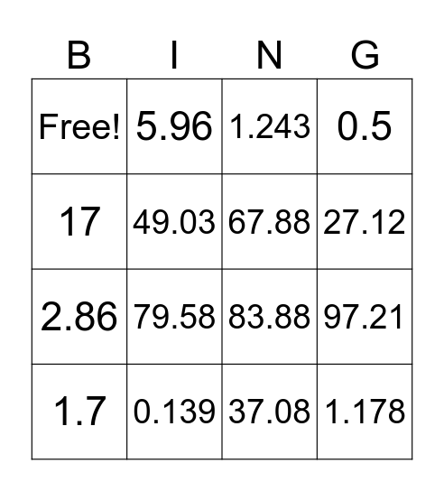 Decimal Bingo Card