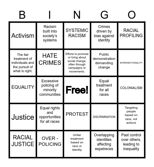 Racial Justice & Anti-Discrimination Bingo Card