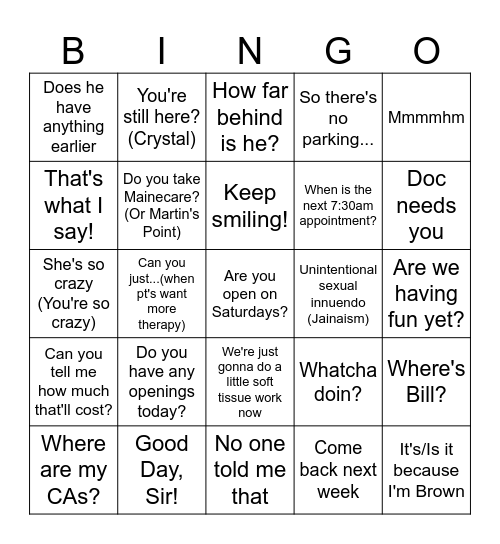 Orono Chiropractic Version Bingo Card