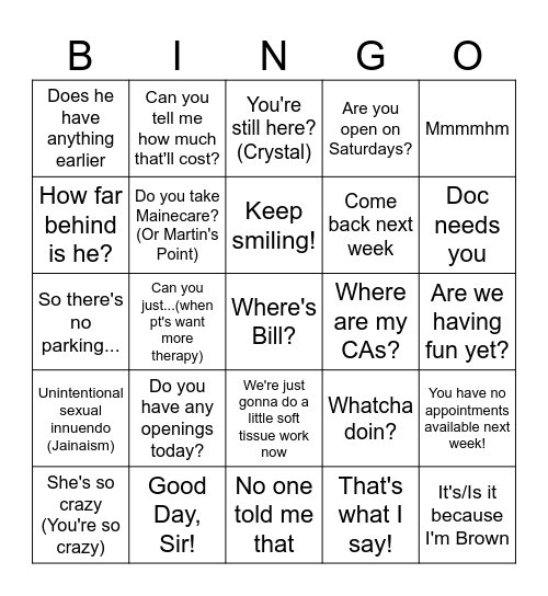 Orono Chiropractic Version Bingo Card