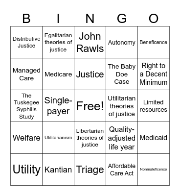 Justice and Health Care Bingo Card