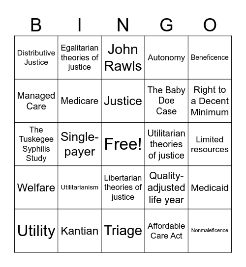 Justice and Health Care Bingo Card