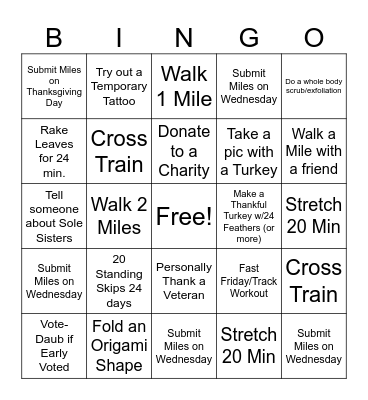 Sole Sisters - November Bingo Card