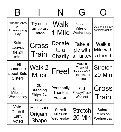 Sole Sisters - November Bingo Card