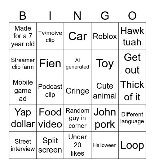 YouTube shorts bingo Card