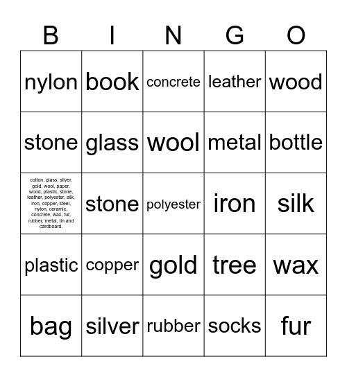 materials Bingo Card