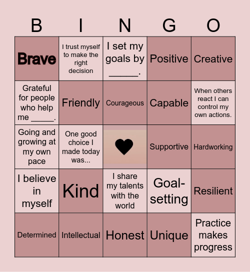 Self-Esteem Bingo Card