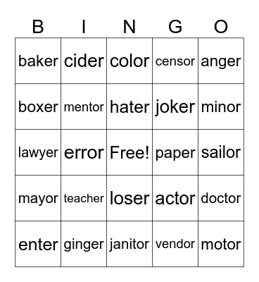 upper bingo Card