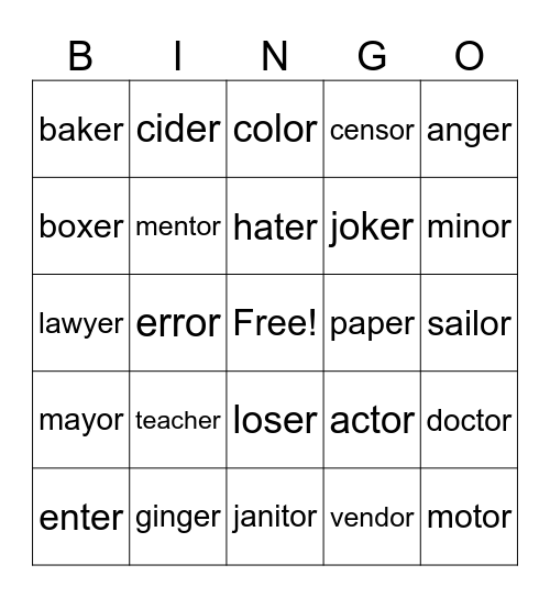 upper bingo Card