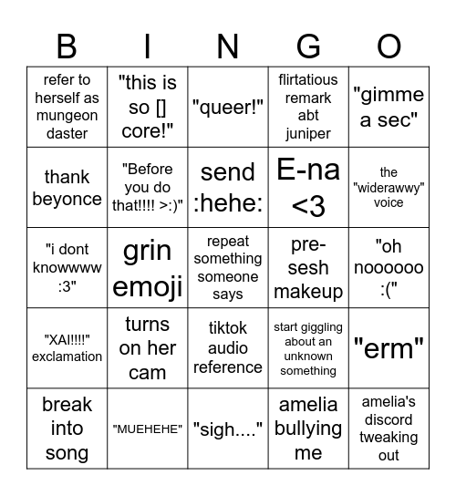 amelia bingo Card