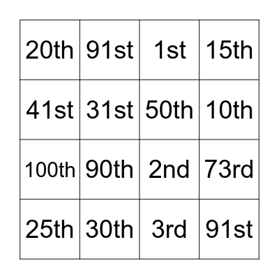 Ordinal Number! Bingo Card