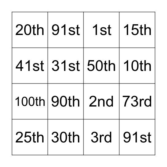Ordinal Number! Bingo Card