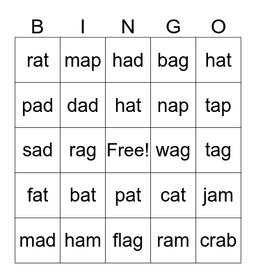 Short a Bingo Card