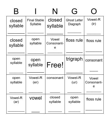 Word Study Review BINGO Card