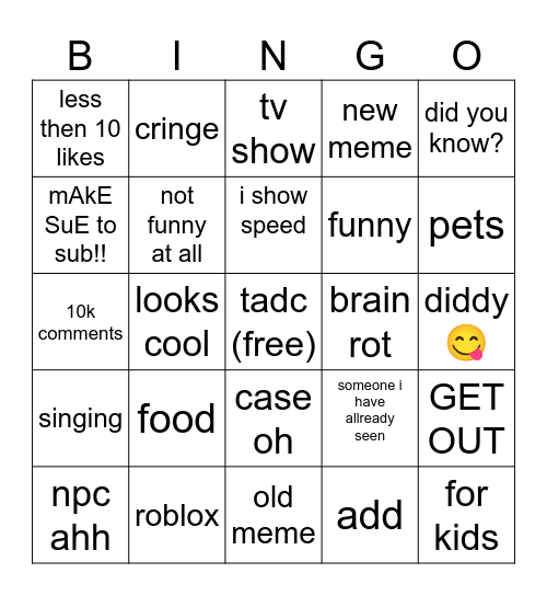 youtube shorts bingo Card