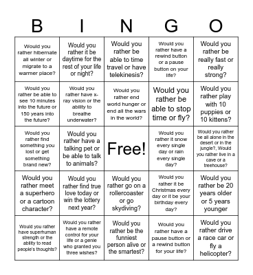 Would you rather Bingo Card