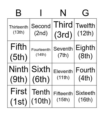 Ordinal numbers Bingo Card