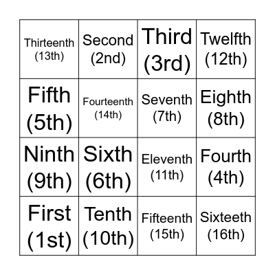 Ordinal numbers Bingo Card