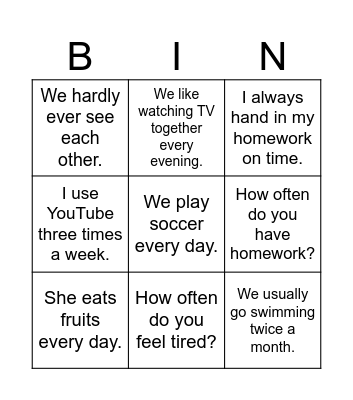 Adverbs of Frequency Bingo Card