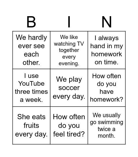 Adverbs of Frequency Bingo Card