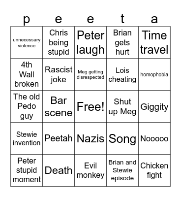 Family Guy Bingo Card