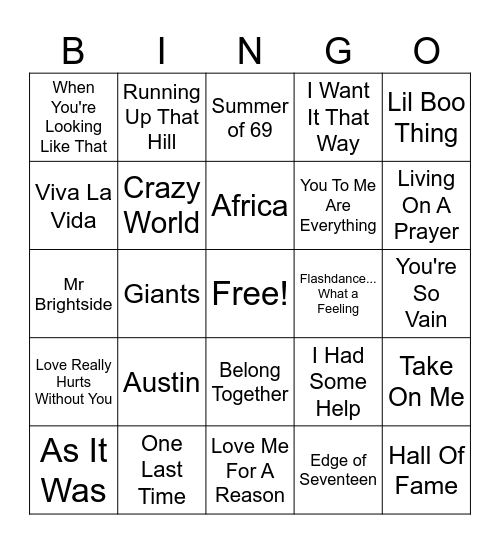 Music Bingo @ Carberrys Bingo Card