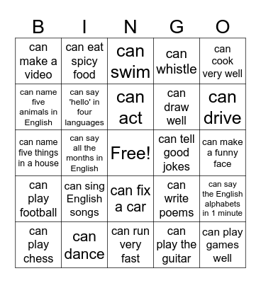 Can and Can't Bingo Card
