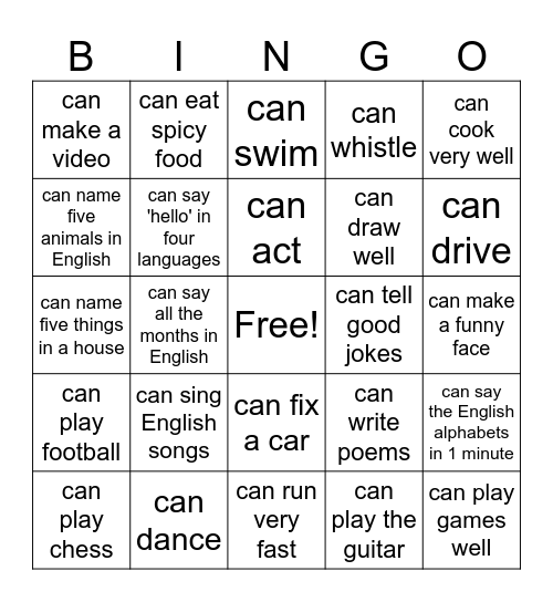 Can and Can't Bingo Card