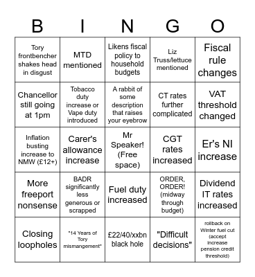 Autumn Statement Budget Bingo Card