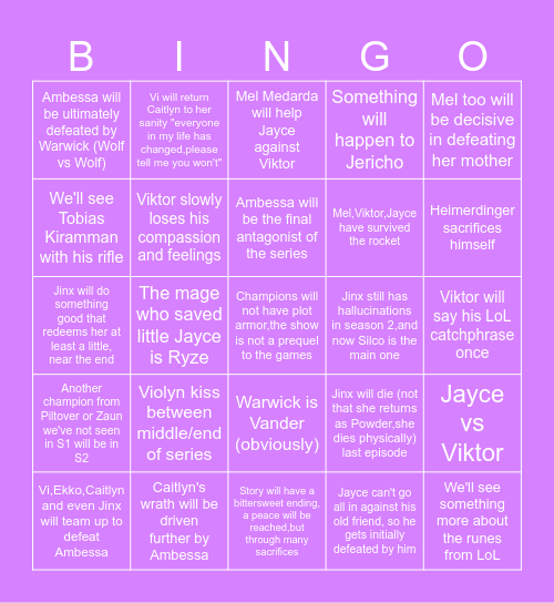 Arcane S2 predictions Bingo Card