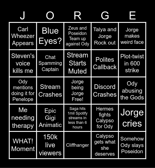 Vengeance Saga Bingo Card