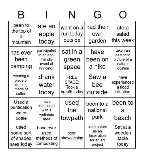 Ecosystem Service Bingo Card