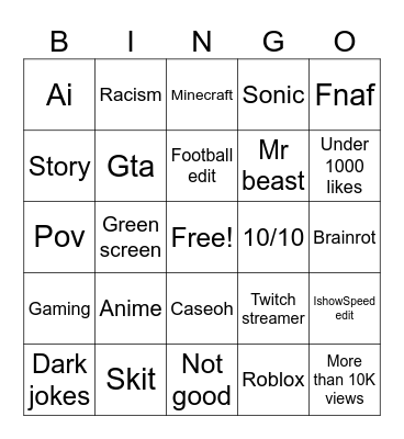 YouTube shorts Bingo Card