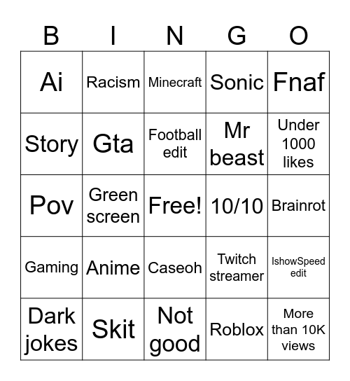 YouTube shorts Bingo Card