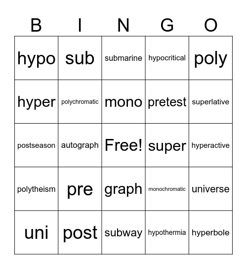 Prefixes 1-10 Bingo Card